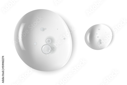 Clear white liquid gel for skin care with bubbles and particles. Example of gel stroke on skin.