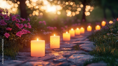 Golden candles illuminate a stone path through a garden at sunset