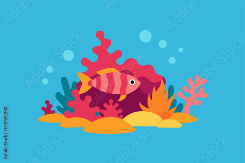 Seamless underwater vector illustration with cartoon tropical fish, marine animals, and coral in the ocean