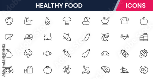 Vector illustration web line icon collection for healthy food: fruits, vegetables, grains, and nutritious meals in a vibrant, modern style.