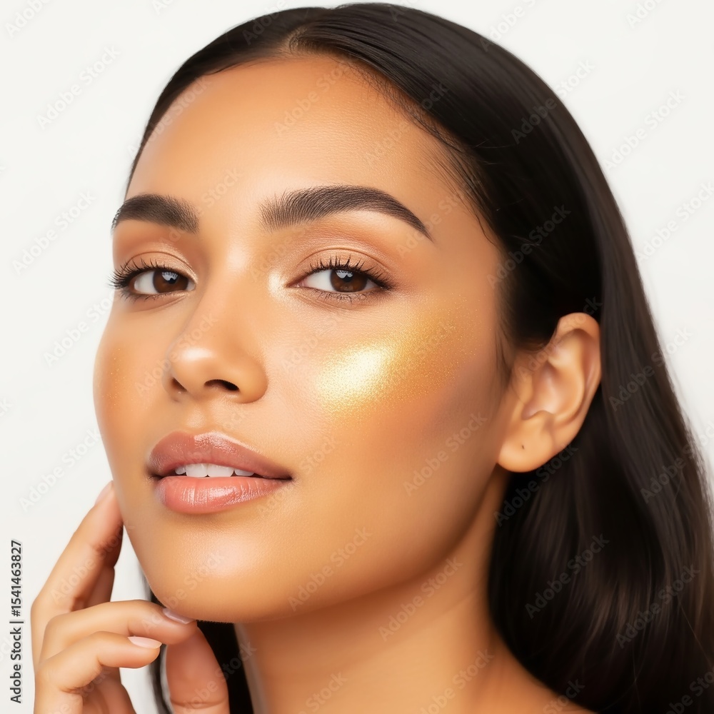 Close-up of a Latina model with luminous skin touching her jawline, bathed in golden-hour light. Subtle smile and gold shimmer evoke premium skincare and hygge calm. Studio shot on white background. Close-up of a Latina model with luminous skin touching her jawline, bathed in golden-hour light. Subtle smile and gold shimmer evoke premium skincare and hygge calm. Studio shot on white background.