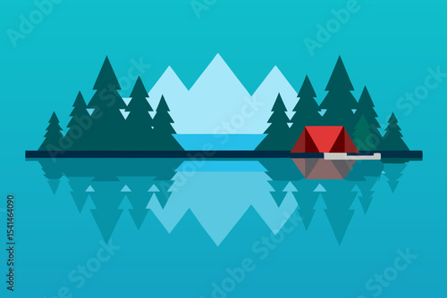 Serene Lakeside Camping Mountains, Pines, and Tranquil Reflections