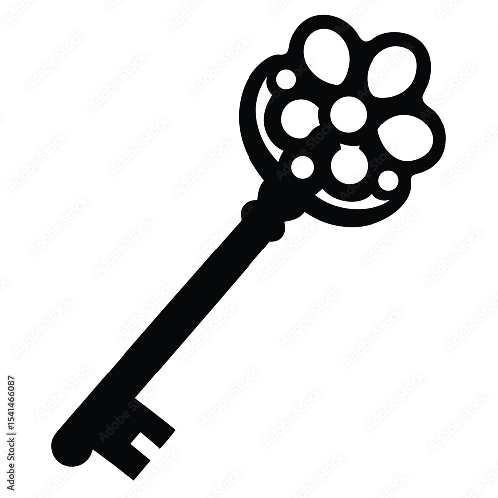 Obraz premium Ornate Antique Skeleton Key Vintage Floral Design, Black and White Illustration