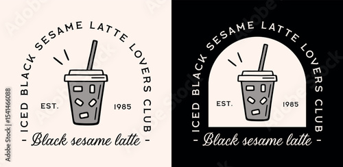 Iced black sesame latte coffee lovers club takeaway cup summer season aesthetic girl funny shirt design logo. Vintage retro fancy japanese fresh cold drink printable illustration poster print sticker.