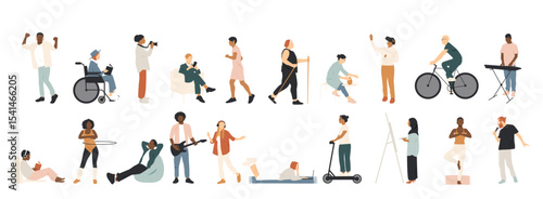 Different people are engaged in various types of leisure and relaxation. Set of different hobbies.