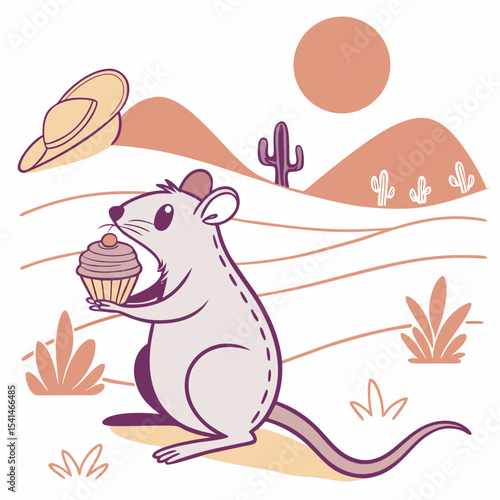 Vector illustration of a Relaxed Quokka with holding a cupcake, styled in a Desert sunset theme using Sundown Glow colors