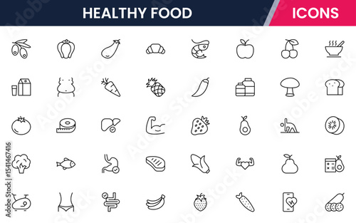 Vector illustration web line icon collection for healthy food: fruits, vegetables, grains, and nutritious meals in a vibrant, modern style.