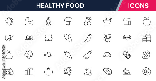 Vector illustration web line icon collection for healthy food: fruits, vegetables, grains, and nutritious meals in a vibrant, modern style.