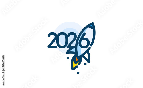 Rocket Launch 2026 Countdown, Space Mission Symbol. Interplanetary Travel and Future Colonization Concepts. Ideal for Tech and Space Innovations. Cartoon Vector Illustration.