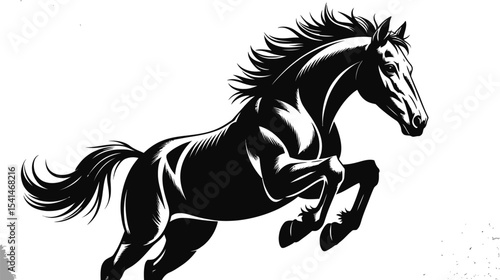 A striking black and white illustration of a rearing majestic horse