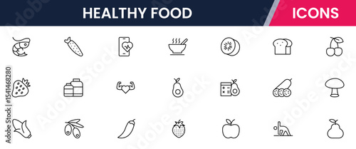 Vector illustration web line icon collection for healthy food: fruits, vegetables, grains, and nutritious meals in a vibrant, modern style.