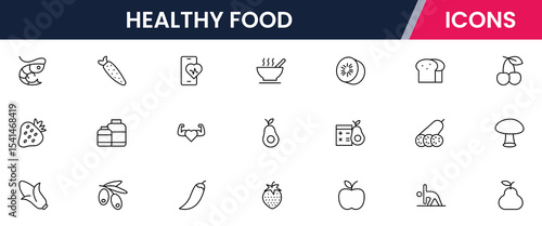 Vector illustration web line icon collection for healthy food: fruits, vegetables, grains, and nutritious meals in a vibrant, modern style.