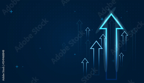 Multiple smaller arrows rise together, portraying unity, teamwork, and consistent growth in performance or data metrics. A groups of bright gowing up arrow trends