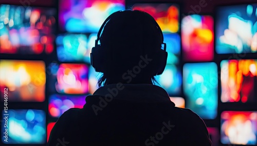 Silhouette of person wearing headphones, viewing many colorful screens