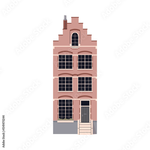 Historic house in English style. Old British building facade with gable roof, windows, front door and porch. European exterior, UK architecture. Flat vector illustration isolated on white background