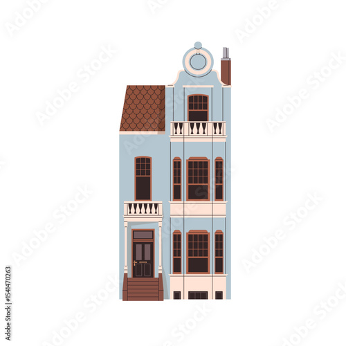 Old English house architecture. European historic building facade, exterior with windows, balconies, front door and porch in British style. Flat vector illustration isolated on white background