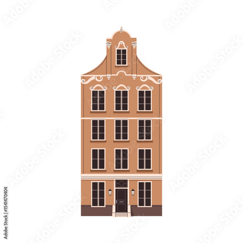 Old house facade in Europe. European British building exterior, front view. Historical city architecture in traditional English urban style. Flat vector illustration isolated on white background