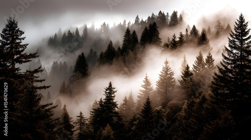 A sepia-toned pine forest enveloped in mist, with soft, calming light and a nostalgic vintage vibe.