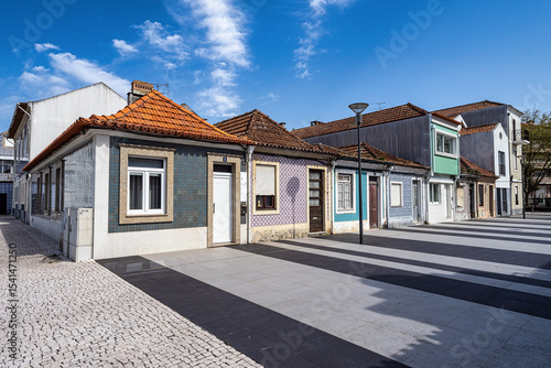 View on the beautiful facades of old buildings in Art Nouveau architectural style in Aveiro city in Portugal