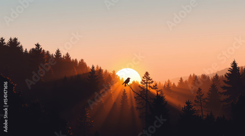 Wallpaper Mural Bird silhouette at sunset in a misty pine forest with golden sun rays. Torontodigital.ca