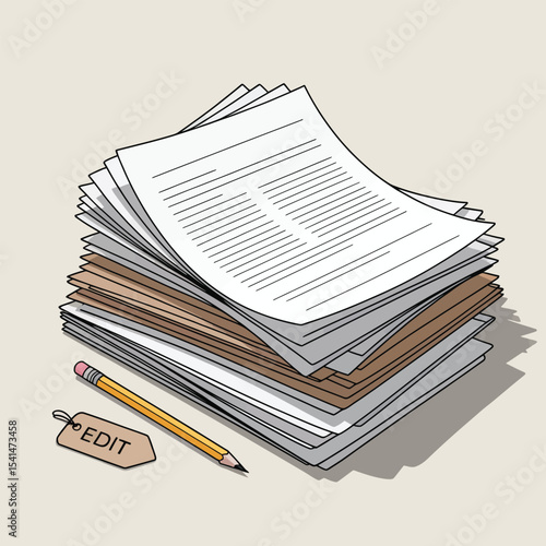 Large Stack of Unfinished Documents with Pencil and Edit Tag