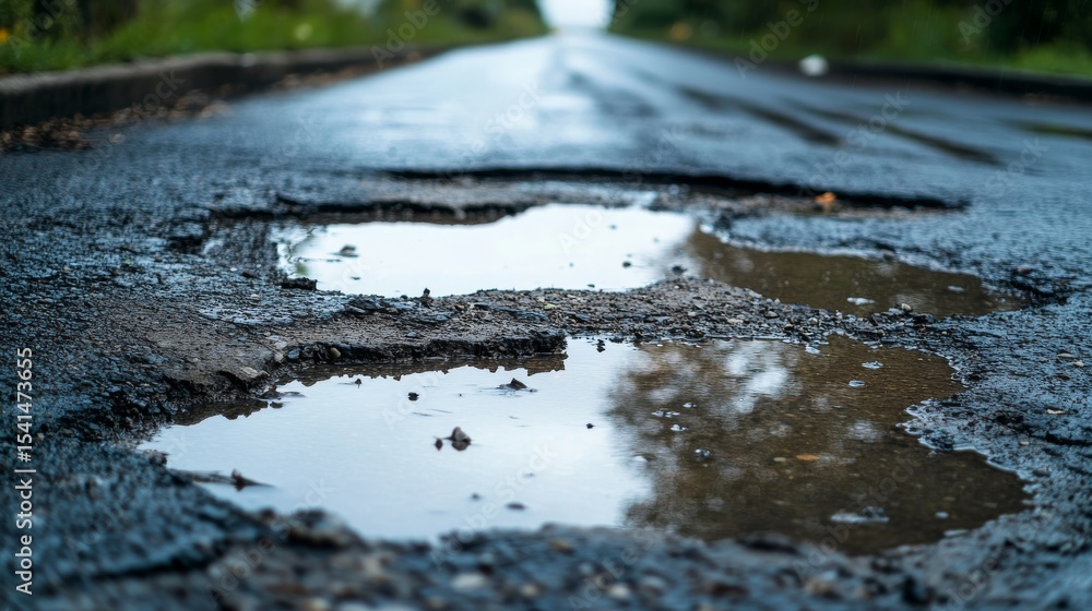 Fototapeta premium Rain puddles on road with potholes--highway in disrepair during rainy weather. 