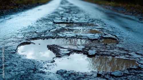 Rain puddles on road with potholes--highway in disrepair during rainy weather. 