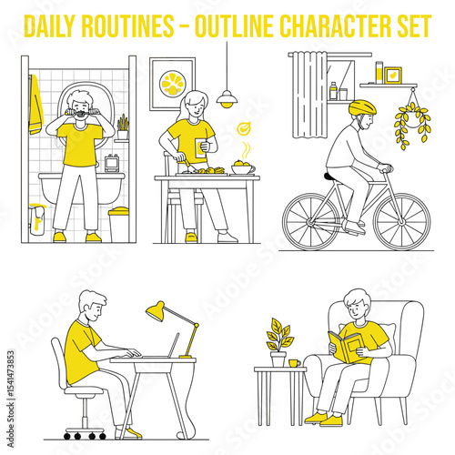 Daily Routines: A set of outline characters illustrating daily routines. depicting daily life, covering various everyday activities. 