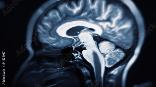 Close-up of neurological MRI scan showing white matter lesions, representing multiple sclerosis diagnosis and brain disease research, medical concept with copy space.