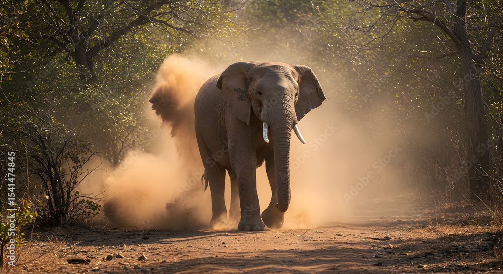 Obraz premium Majestic African Elephant Kicking Up Dust in the Wild, Nature Photography