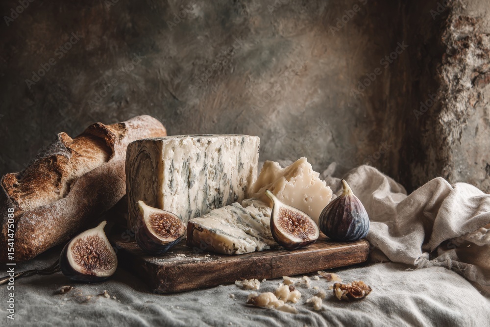 Fototapeta premium Blue Cheese with Figs and Baguette on Rustic Table