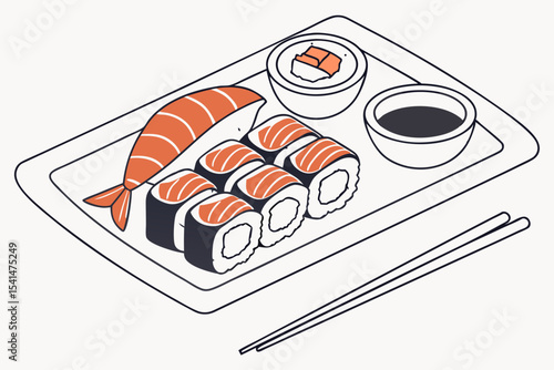 Delicious sushi platter with salmon and soy sauce