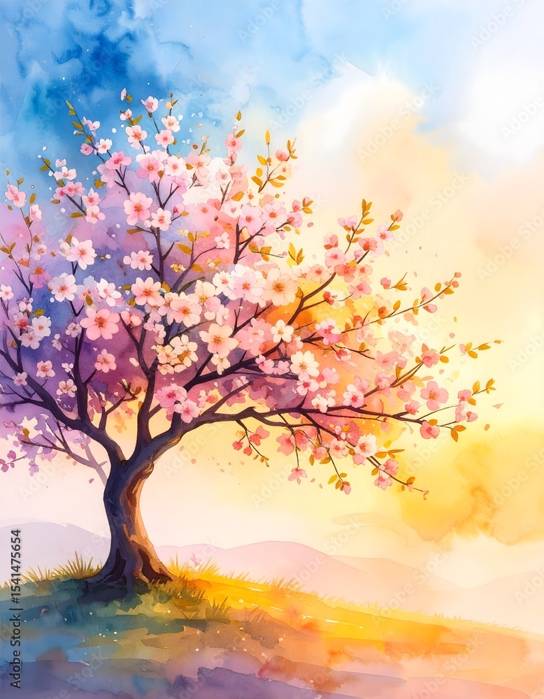 Fototapeta premium Whimsical watercolor study of a blooming cherry blossom tree in full pink floral glory