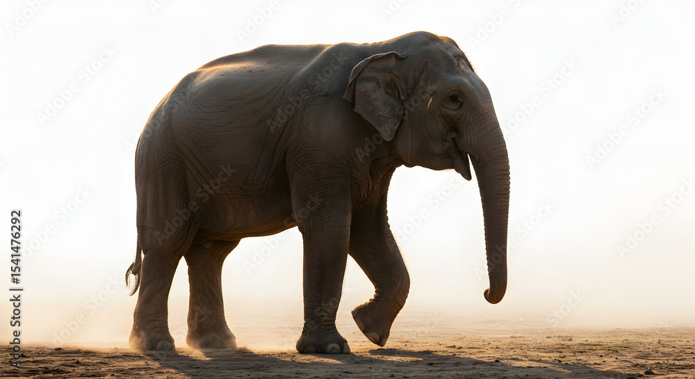 Fototapeta premium Stunning Asian Elephant Walking Across the Dry Landscape Against a Bright Background