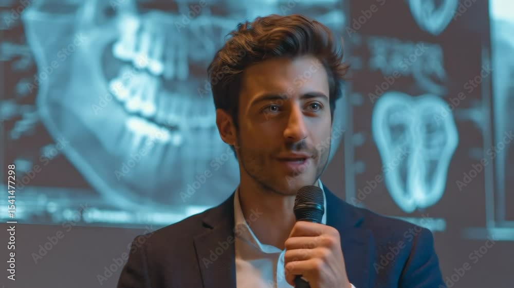 Smiling handsome caucasian man holds microphone during medical presentation with dental x-ray on screen footage.