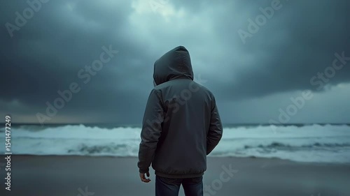 Man with hoodie faces stormy sea horizon