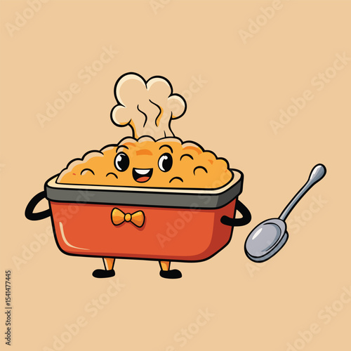 Cute Cartoon Casserole Dish Character with Chef Hat and Spoon Ready to Serve a Delicious Meal for a Fun Food Illustration