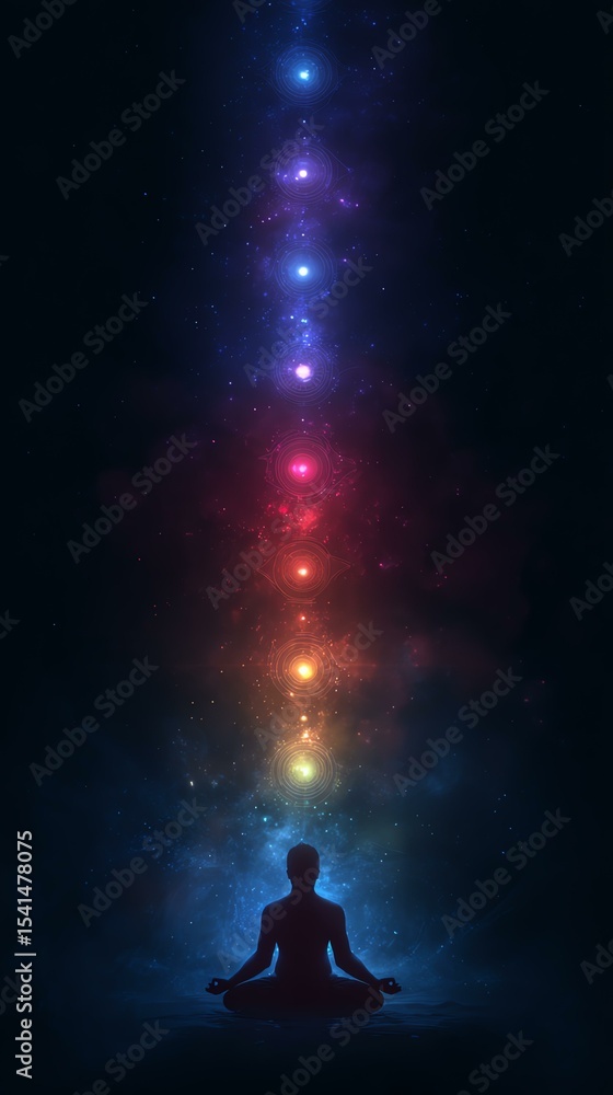 Obraz premium Meditative silhouette with colorful energy flow.