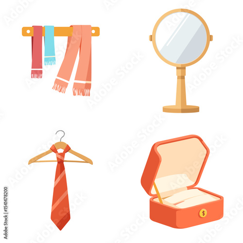 Set of dressing room items including a scarf rack, mirror, tie hanger, and jewelry box in bright colors