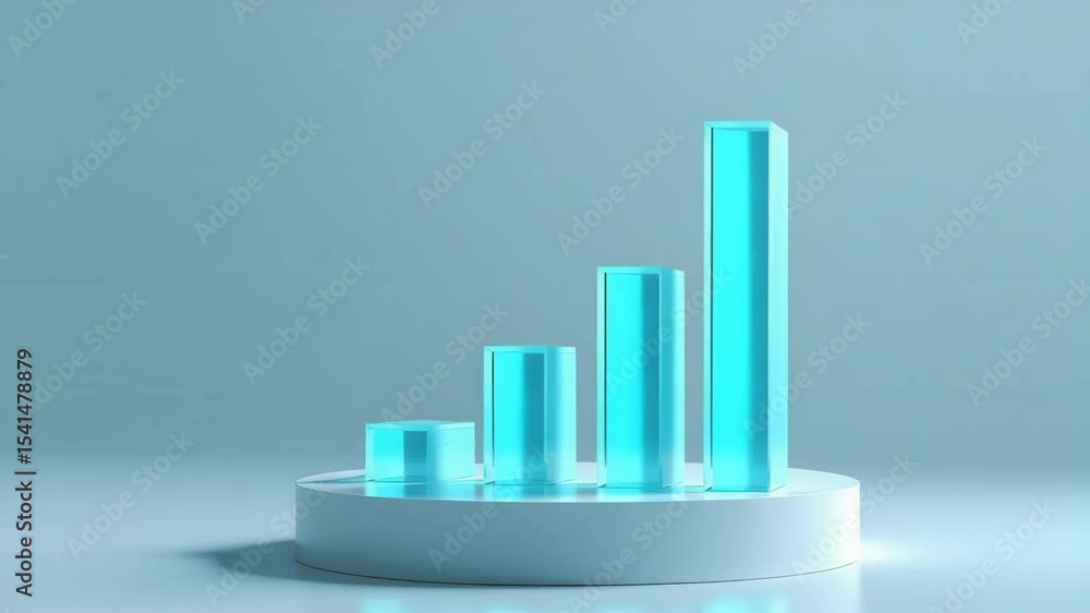 A 3D transparent blue bar chart shows four vertical bars increasing in height, displayed on a white round platform with a light blue background. A 3D transparent blue bar chart shows four vertical bars increasing in height, displayed on a white round platform with a light blue background.