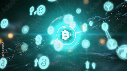 Wallpaper Mural A glowing network sphere is encased in a textured metallic ring, integrated into a chain, floating in a dark digital environment. Torontodigital.ca