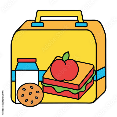 Colorful Illustration of a Packed Lunchbox with Sandwich Apple Milk and Cookie Perfect for School Children and Healthy Eating Concepts Isolated on White Background