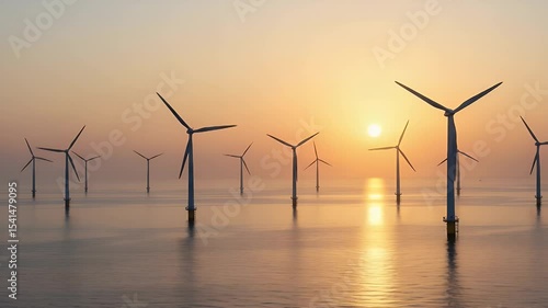 Sunrise over offshore wind turbines