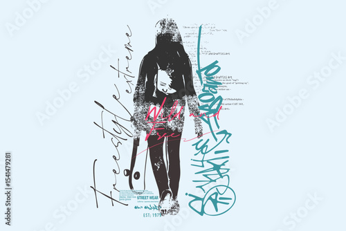 GIRL SKATER art, graffity sakate sloganTee, real skateboarder, t shirt graphics print vector illustration design, Skate board lettering, Urban typography hipster street art for graphic tees.eps