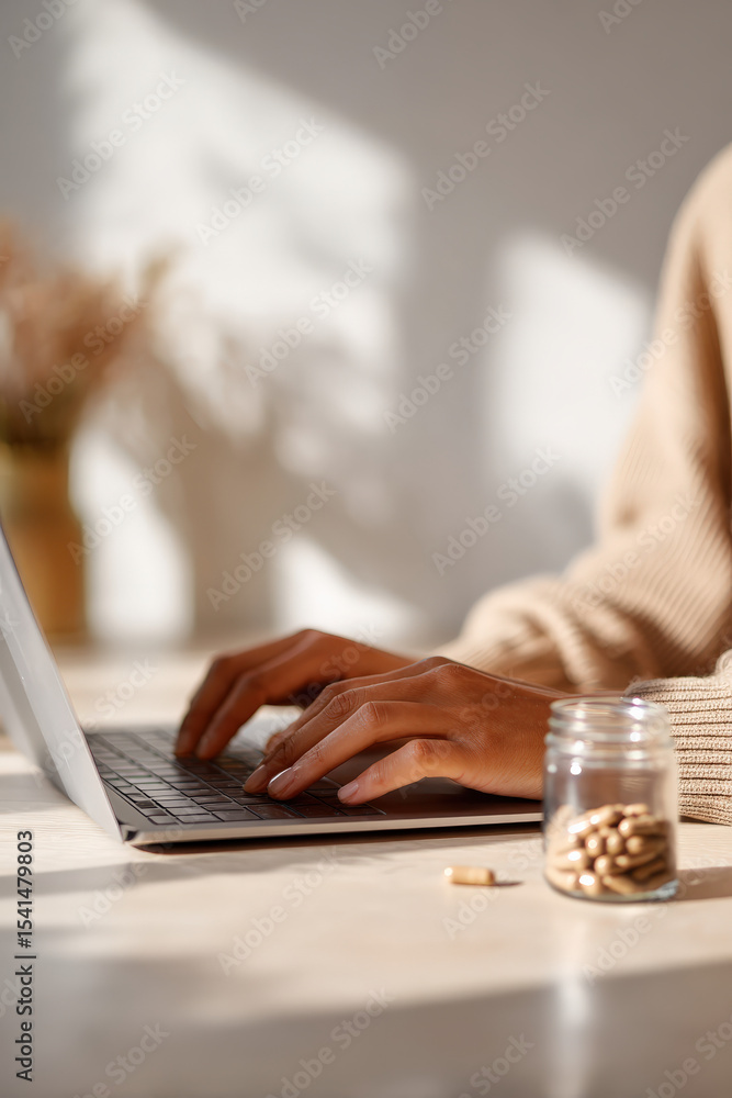 Fototapeta premium Young man focused on laptop near jar of capsules in daylight minimalist interior, creative calm vibe, Selective Focus..