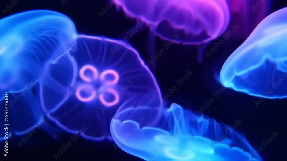 Dreamlike underwater scene featuring luminous jellyfish gliding slowly through dark, still water. Neon-colored bodies pulse and shimmer with bright light Dreamlike underwater scene featuring luminous jellyfish gliding slowly through dark, still water. Neon-colored bodies pulse and shimmer with bright light