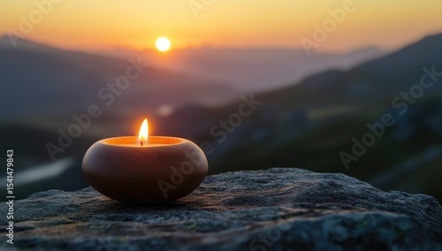 Wooden candle on rock at sunset over mountains