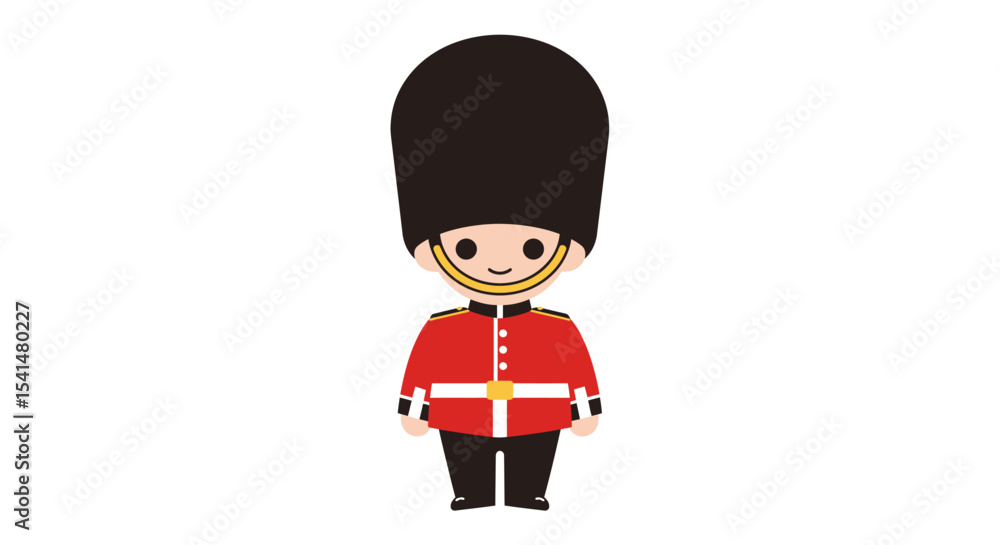 A cartoon depiction of a British soldier in uniform standing guard in a small booth A cartoon depiction of a British soldier in uniform standing guard in a small booth