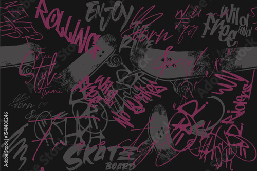 graffity sakate slogan, real skateboarder, art tees, Street art graffiti seamless pattern, skater abstract seamless grunge pattern. Urban style with skateboards and graffiti words.eps8