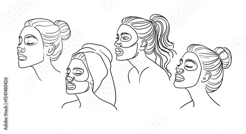 4 Girls applying moisturizing sheet mask on face, continious line drawing. Spa salon, cosmetology, body care, beauty routine outline. Vector illustration